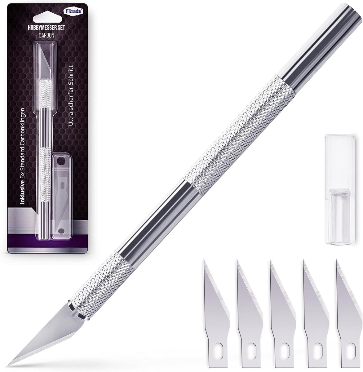 SnelShoppen - Precisie Scalpel met 5 Vervangbladen - Handzaam Craft Knife voor Knutselen, Modelbouwen en DIY - Ultra Scherp in Zilver
