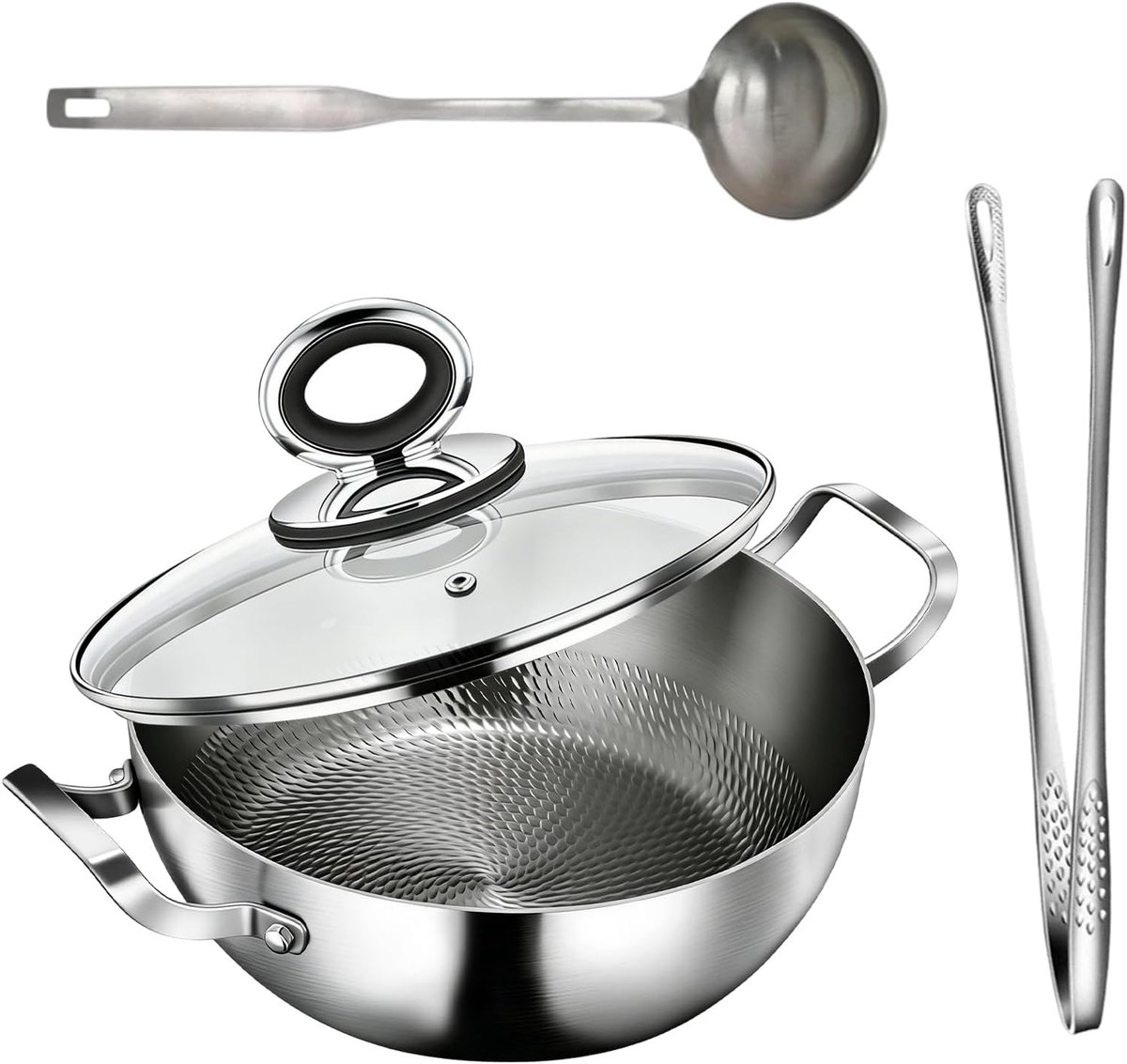 SnelShoppen - Titanium Koekenpan met Deksel, Gehamerd Titanium Kookpan, Dubbele Handgreep, Plat met Antiaanbaklaag, Hoge Rand Geschikt voor Inductie e