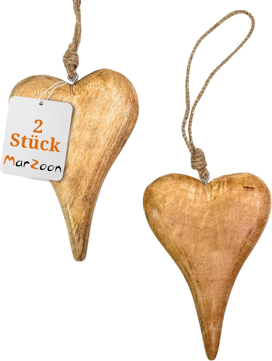 SnelShoppen - 2 x Houten Hart Pendant 15 x 10 cm - Massief Houten Decoratie voor Raam - Vintage Souvenir met Jute Touw - Unieke Handgemaakte Versierin
