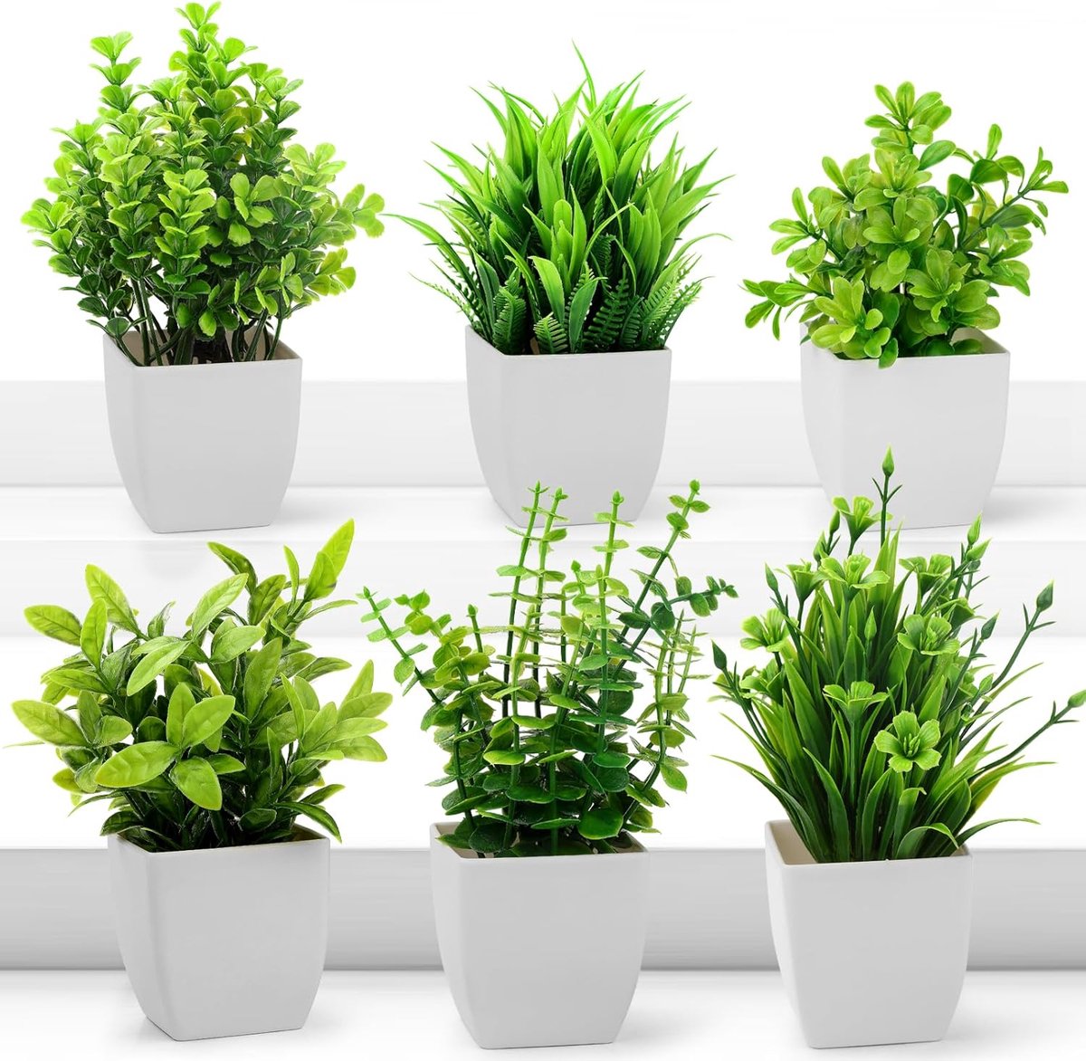 SnelShoppen - 6 Stuks Kunstplanten in Witte Potten - Decoratieve Valse Planten voor Slaapkamer, Kantoor, Woonkamer, Balkon, Badkamer - 20cm Hoog