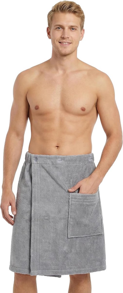 SnelShoppen - Premium Sauna Kilt voor Mannen - 100% Katoen, Oeko-Tex 100, Terrytowel, Lichtgrijs, M-XL, Ideaal voor Wellness, Spa en Sauna