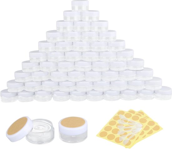 Foto: Set van 60 lege transparante 5 ml cr mepotjes met schroefdeksel spatels en stickers voor cr mes en lotions