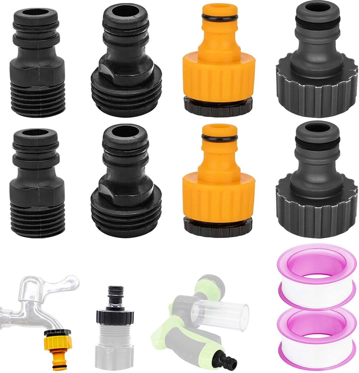 SnelShoppen - 8-delige Plastic Waterkraan Aansluiting voor Tuinslang, 1/2 Inch en 3/4 Inch Koppelingen, Tuinaccessoires, Water Tap Verbinding, Geschik