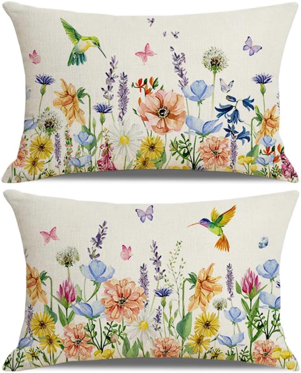 SnelShoppen - Set van 2 Linnen Kussenhoezen met Lente Bloemen en Vlinders, Decoratieve Kussens voor Bank, Slaapkamer en Feestdagen