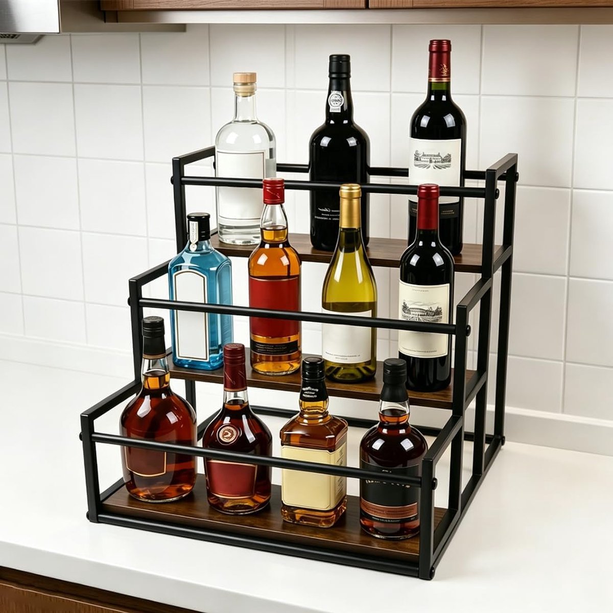 SnelShoppen - 3-Tier Houten Wijnrek voor Drank Organisatie - Compacte Countertop Opbergplank voor 10 Flessen - Retro Bar Rack met Handvat