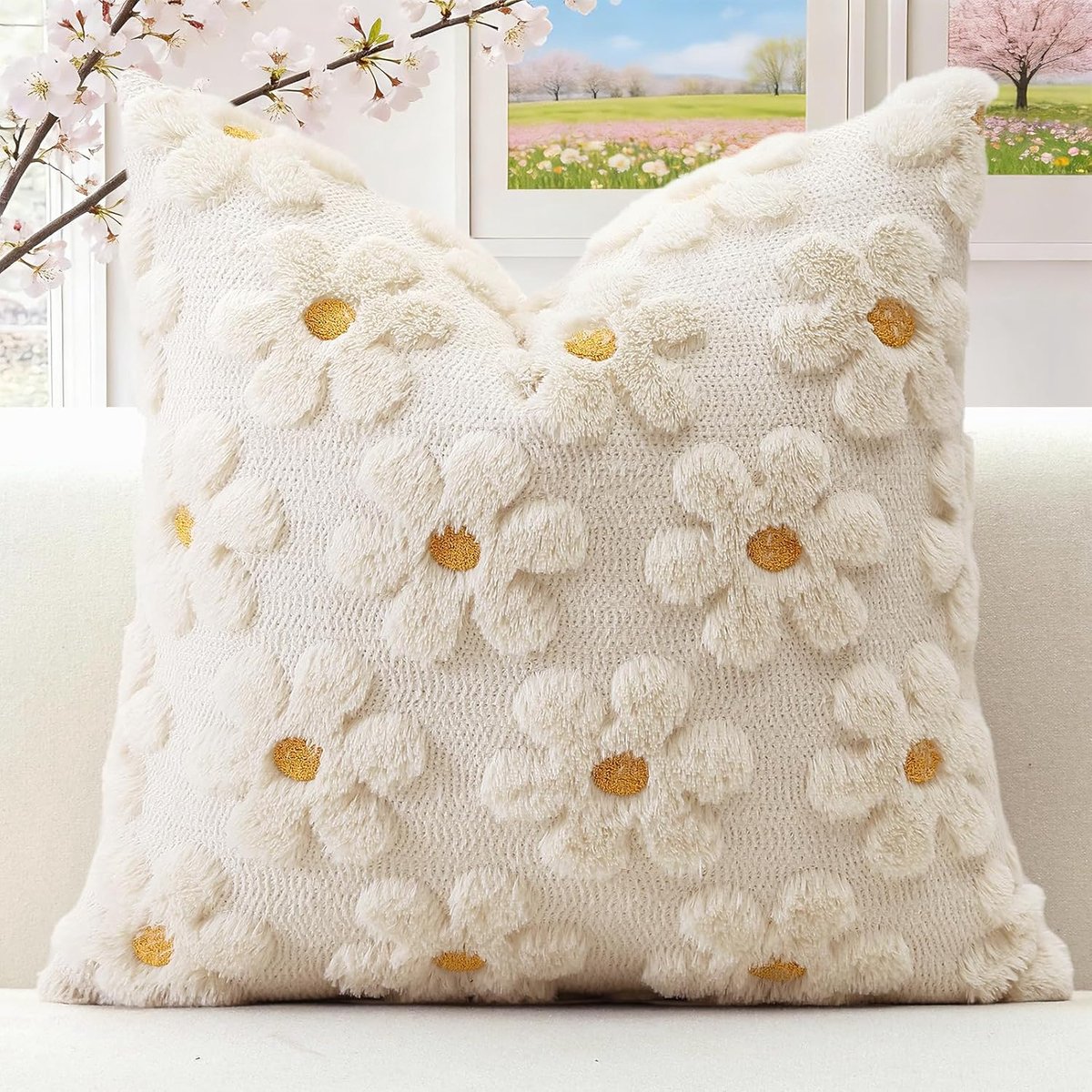 SnelShoppen - Luxe Floral Kussenhoes 45x45cm - Zachte Pluche Velvet Kussensloop voor Sofa - Perfecte Decoratie voor Lente en Zomer - Crème Beige