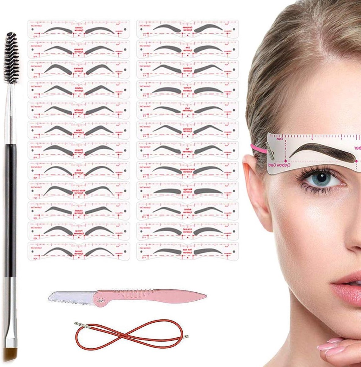 Eyebrow Stencils en Templates Set voor Beginners, 24 Stijlen, Inclusief Borstel en Trimmer voor Perfecte Wenkbrauwen in 3 Minuten
