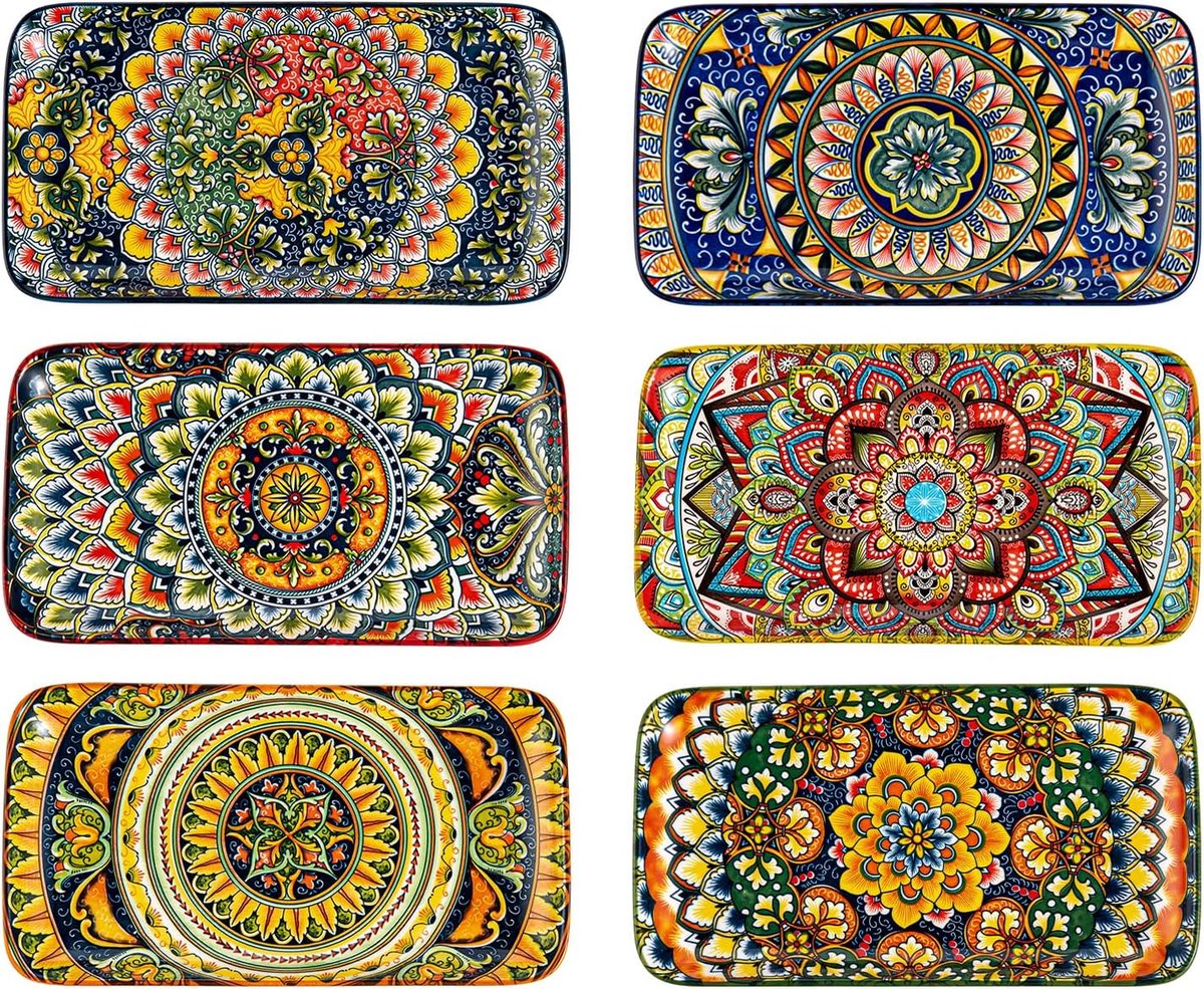 SnelShoppen - 6-delige Henten Home Serveerplank Set, Rechthoekig Taartbord 25.5 cm, Servies voor Appetizers, Sushi, Fruit, Salade, Dessert - Vaatwasse