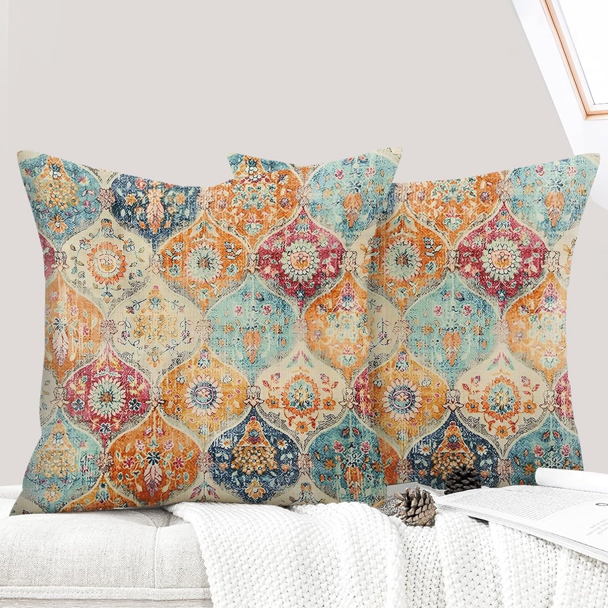 SnelShoppen - Set van 2 Boho Ethnic Vintage Kussenhoezen 45 x 45 cm - Cream Kleur - Decoratieve Kussenhoezen voor Woonkamer en Slaapkamer
