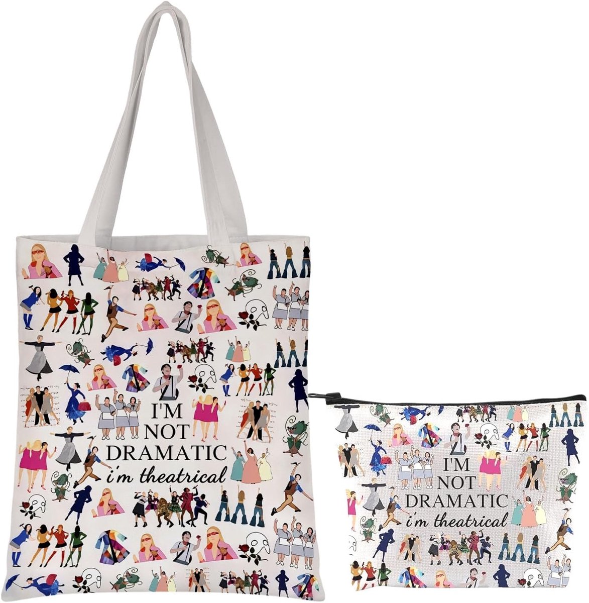 SnelShoppen - Broadway-Musical Tote Bag en Makeup Bag Set - Witte Cosmetica- en Draagtas voor Theaterliefhebbers - Theatraal Design - Perfect voor Fee