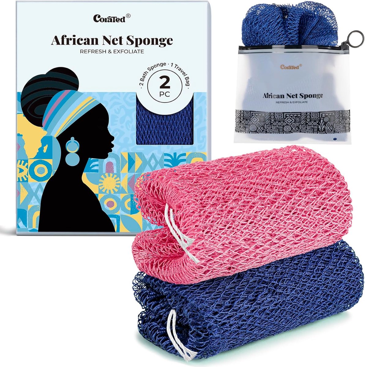 SnelShoppen - 2 Stuks Afrikaanse Net Spons, Exfoliërende Bad Spons, Rug Exfoliator, Schoonmaak voor Douche en Spa, Stretch tot 114 cm, Roze en Blauw