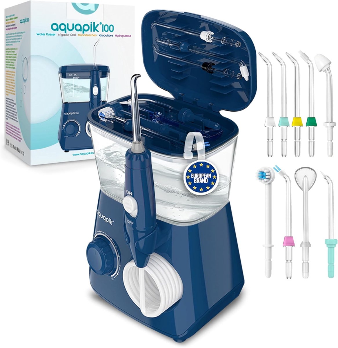 SnelShoppen - Aquapik100® Professionele Water Flosser - Mond Irrigator - Diepe Reiniging - 10 Drukniveaus - 8 Opzetstukken - 600 ml - Voor Gevoelige T