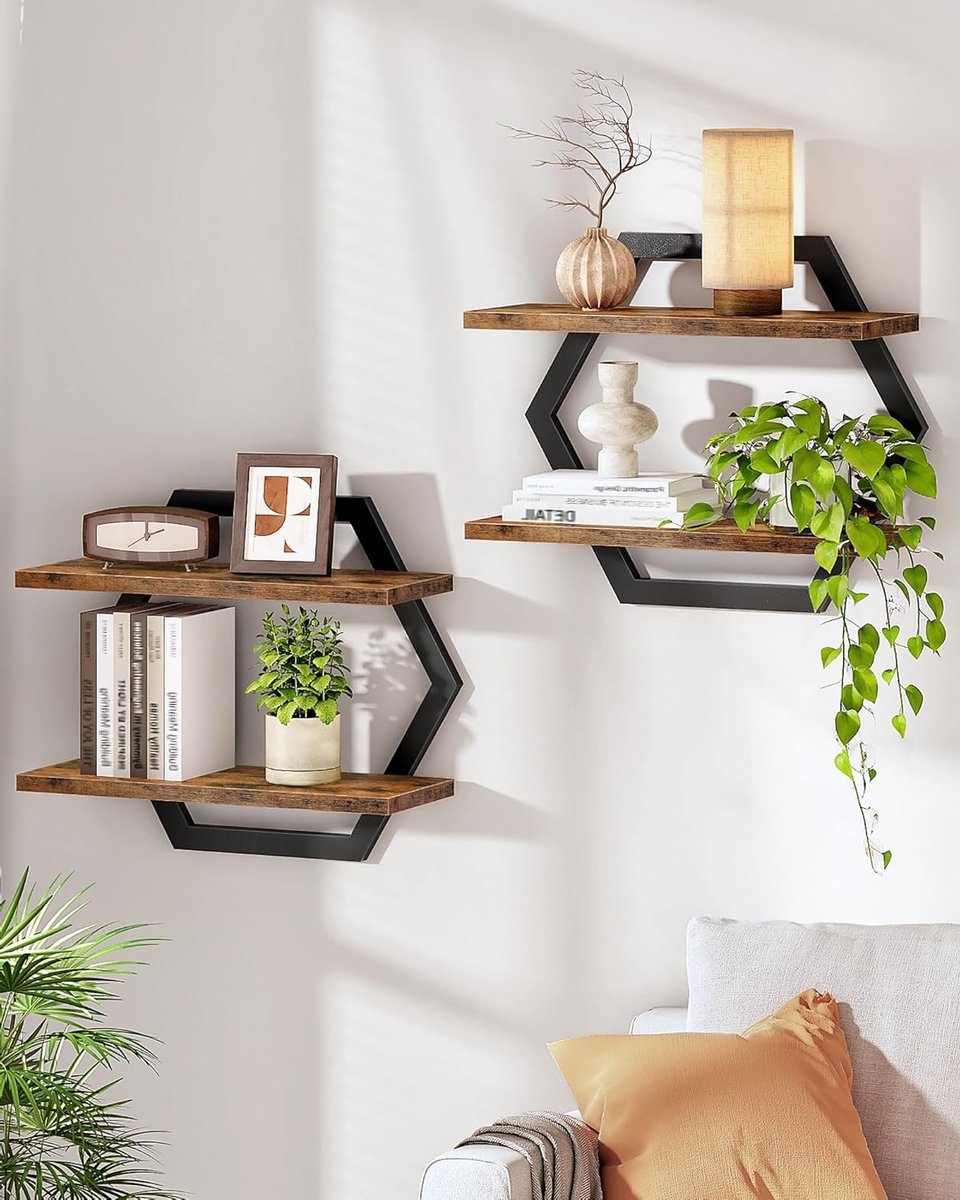 Hexagonale Wandplanken Set van 2, Hangende Planken met 2 Niveaus voor Woonkamer, Slaapkamer en Keuken, Ideaal voor Opslag en Decoratie