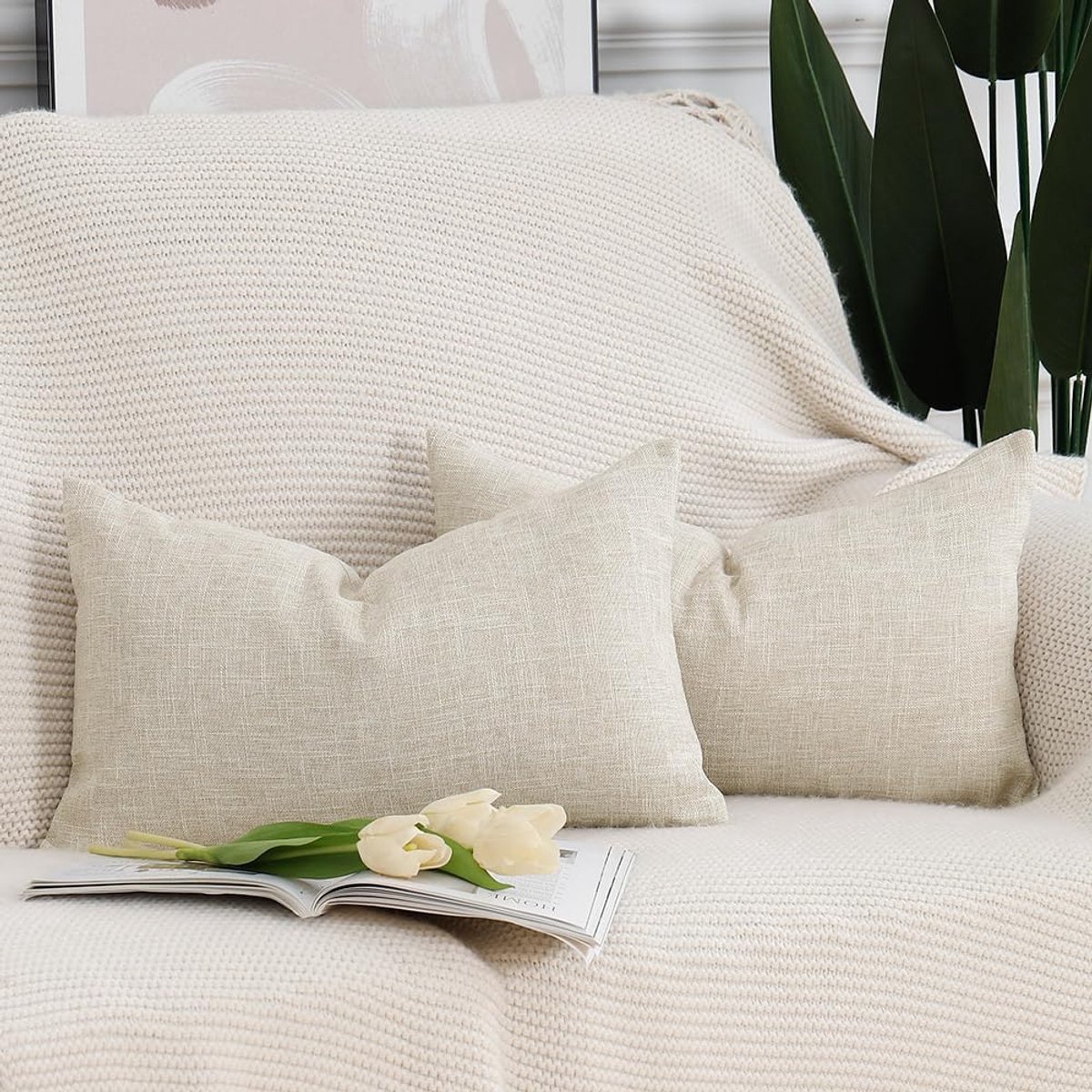 SnelShoppen - Set van 2 Decoratieve Kussenhoezen 30x50cm - Zachte Linnenlook Kussenslopen voor Sofa en Slaapkamer - Licht Beige Polyester - Duurzaam e