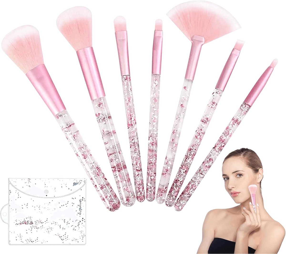 SnelShoppen - Professionele Makeup Brush Set 7 Stuks - Oogschaduw, Poeder, Highlighter, Blush, Foundation, Glitterend Kristal, Perfect voor Vrouwen