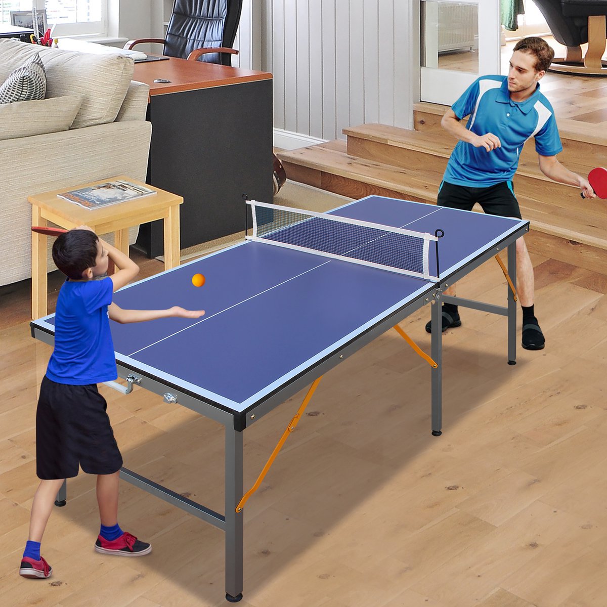 COVREO Tafeltennistafel 152,4x66,04x66,04 cm – opvouwbaar, blauw MDF, set met net en batset