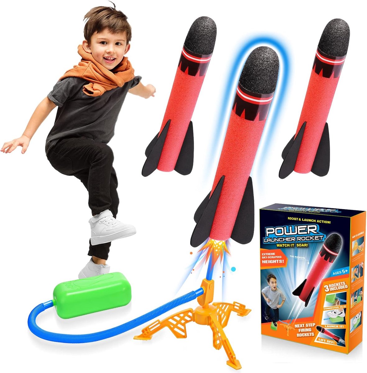 SnelShoppen - Kindervoetraket met Luchtvoetenpedaal (Rood) | Buiten Speelgoed voor 3-12 Jaar, Inclusief Zachte Foam Raketjes voor in de Tuin, Strand e