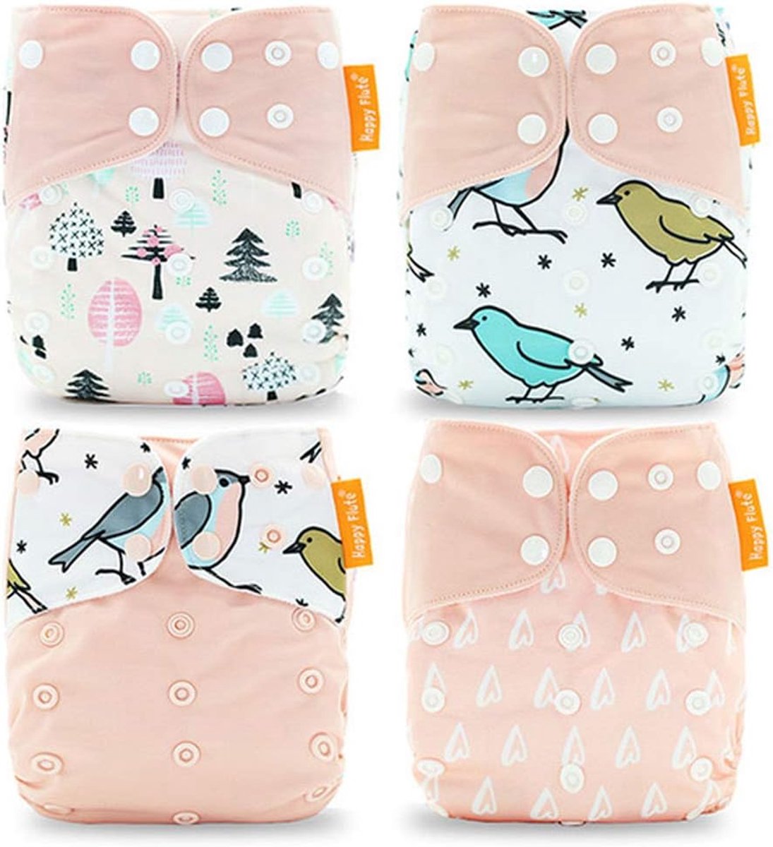 SnelShoppen - 4 Stuks Wasbare Baby Luier - Herbruikbare All-in-One Pocket Luier voor Baby's en Peuters - Lichtroze met Vogels - Drie lagen voor Optima