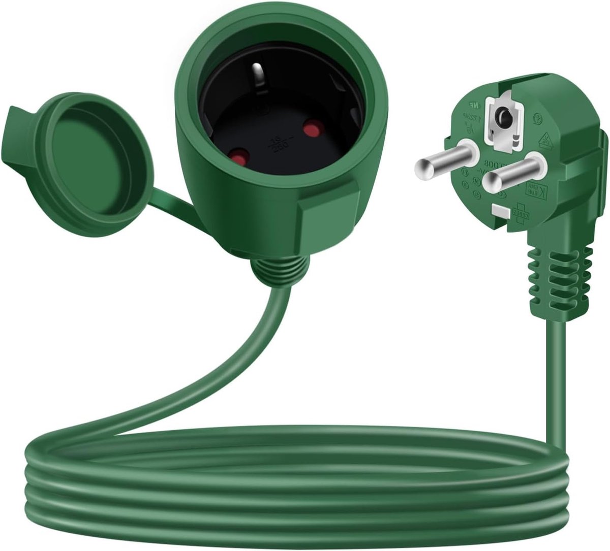 SnelShoppen - Schuko-verlengkabel 3m 16A 250V 90 graden Geaard Stekker IP44 Korte Buiten Verlengkabel voor Tuin, Camping, Feest, Binnengebruik Groen
