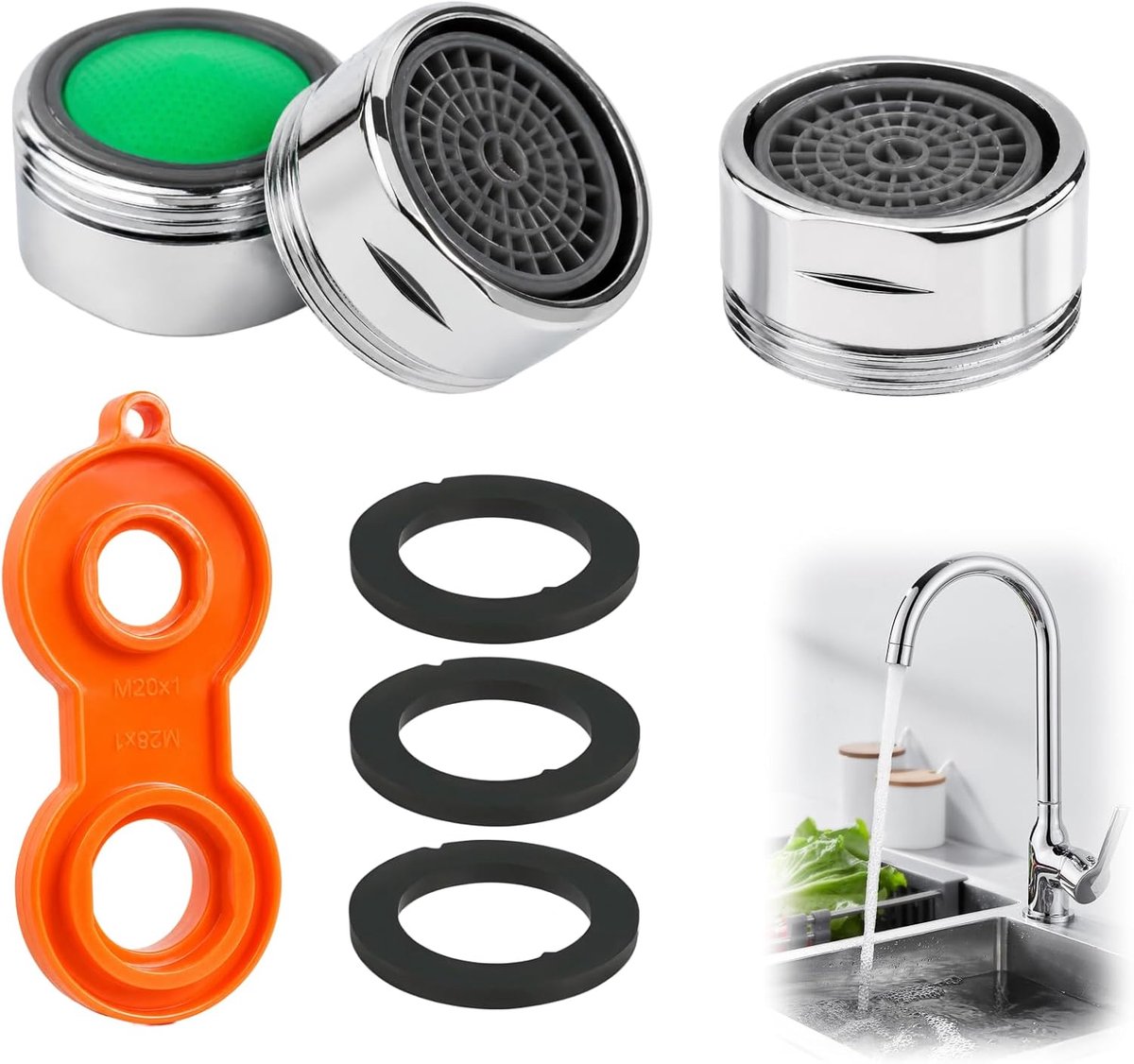SnelShoppen - 3 stuks Messing Kraanbeluchter M24, Verstelbare Waterbesparing, Afneembaar Filter, Roestvrij Staal Straalbreker voor Keuken en Badkamer