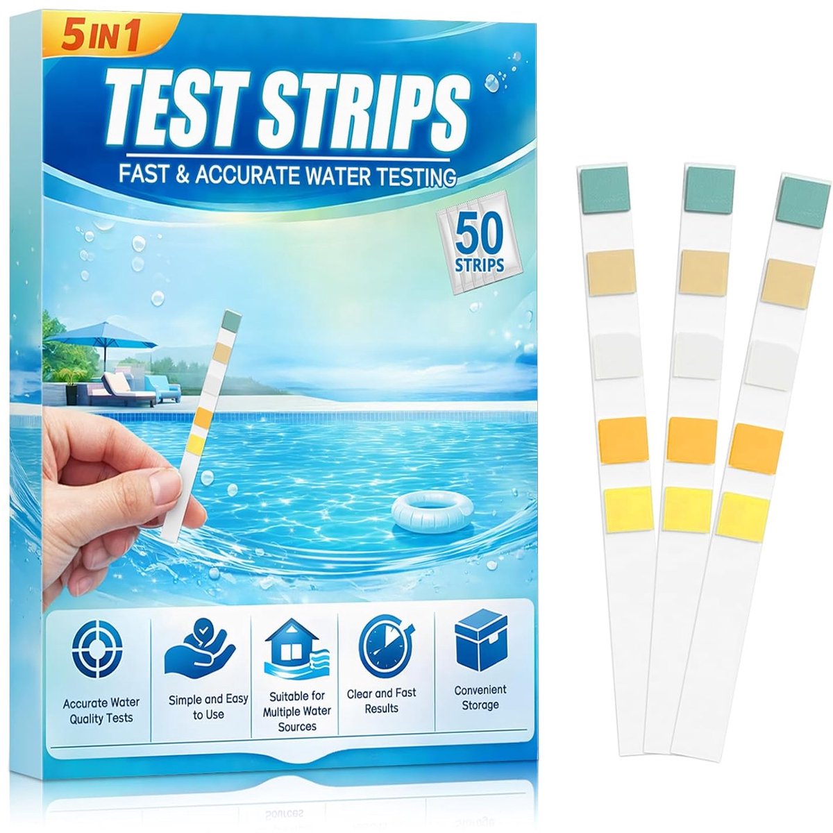 SnelShoppen - 50 Teststrips voor Zwembad en Spa, 5-in-1 Waterkwaliteitstest, pH, Chloor, Bromine, Alkaliniteit, Cyanurzuur, Gemakkelijk Af te Lezen