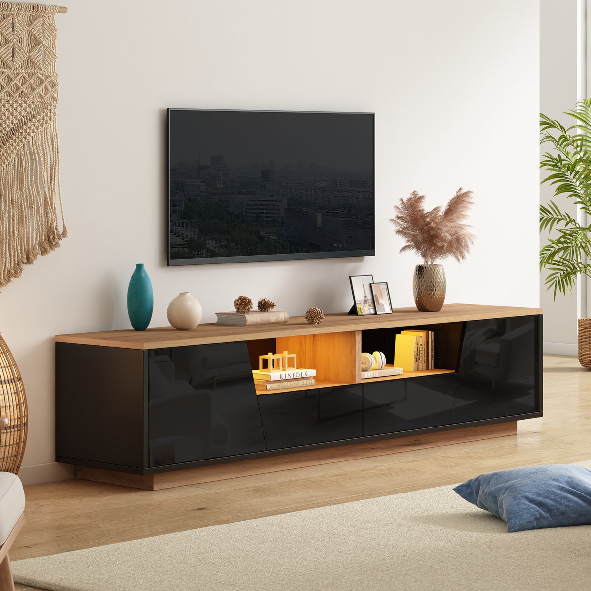 Clruro Tv-meubel - 180 × 40 × 46 cm - met App-LED - met 2 Laden - Spaanplaat - Zwart