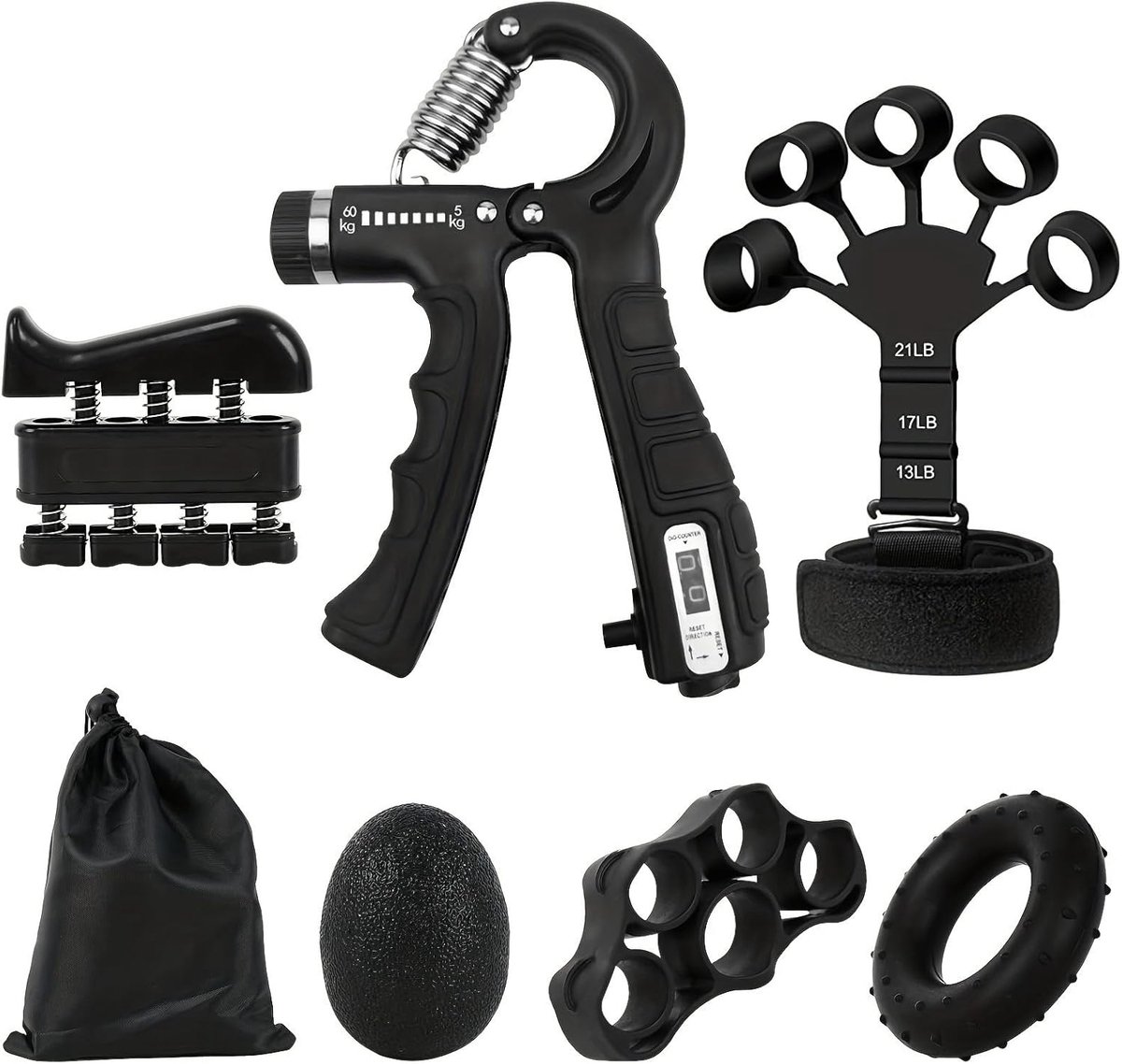 Thijox - 6 Delige Gripkrachttrainer Set, Instelbare Handtrainer voor Revalidatie, Vingeroefeningen en Polstraining, Draagbare Opbergtas, Zwart