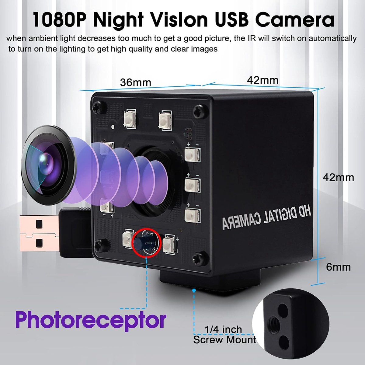 SnelShoppen - 1080p Nachtzicht USB Camera IR LED Webcam met 1.55mm Fisheye Lens voor Android Windows Linux Mac - HD Beveiligingscamera voor Thuis en K