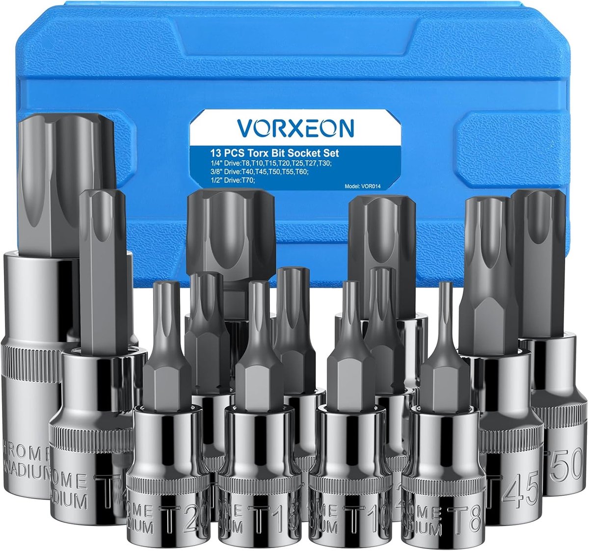 SnelShoppen - 13-delige Ster Bit Socket Set T8-T70 met 1/4 3/8 1/2 Inch Aandrijving, Hoogwaardige 50BV30 CR-V en S2 Legering, Inclusief Opbergdoos