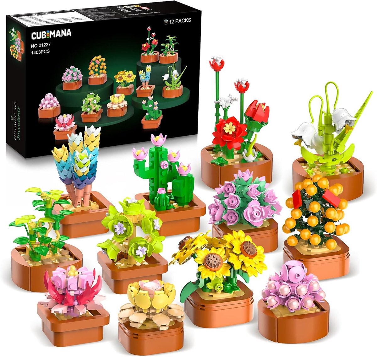 SnelShoppen - CUBIMANA 1402 Stukken Succulenten Bloemen Kit - Bouwset met Mini Bakstenen - 12 Unieke Planten - Creatief Bouwplezier voor Kinderen en V