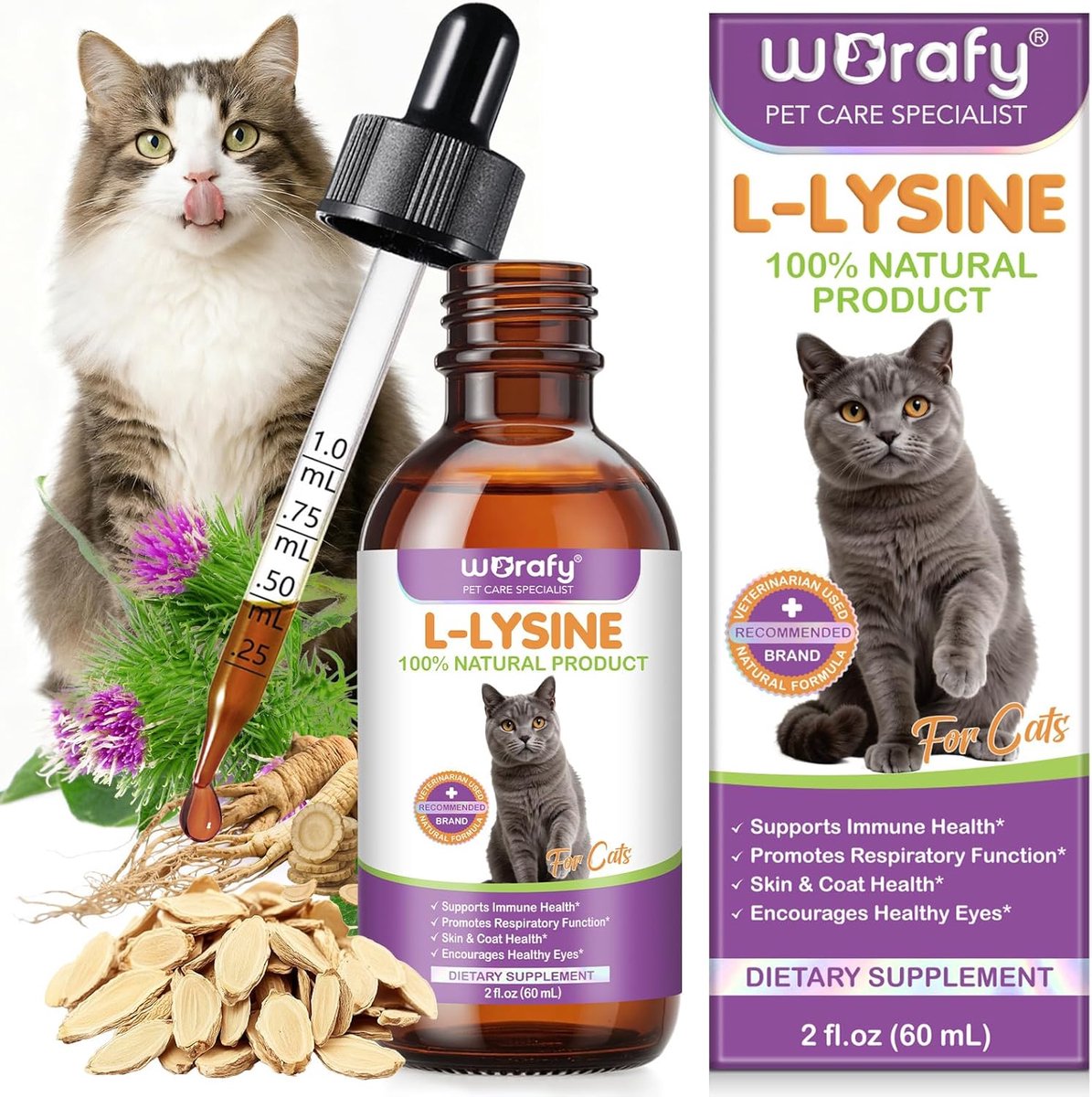 SnelShoppen - L-lysine Druppels voor Katten, Natuurlijke Oplossing tegen Ooguitvloeiing en Niesen, Ondersteunt Ademhaling en Immuunsysteem, 60ml