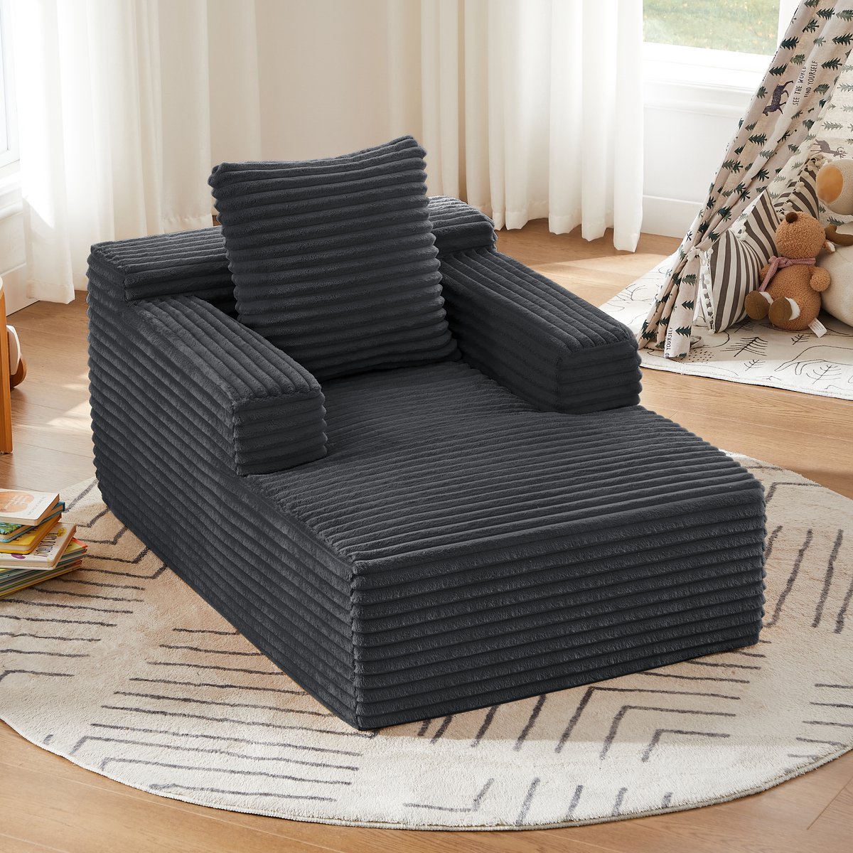 Chaise Longue Sofa - Moderne Ribstof Relaxstoel Met Armleuningen En Zachte Vulling - Voor Woonkamer, Bureau En Appartement - Donkergrijs