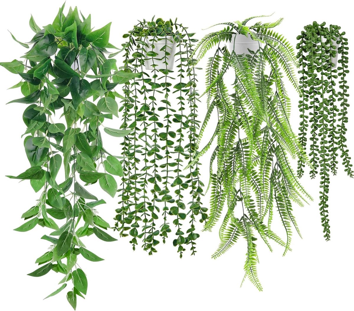 Set van 4 Neppflanten voor Hangend Gebruik met Potten - Kunstmatige Klimop, Eucalyptus en Boston Fern voor Binnen en Buiten Decoratie, Ideaal voor Wandplanken en Huiskamers