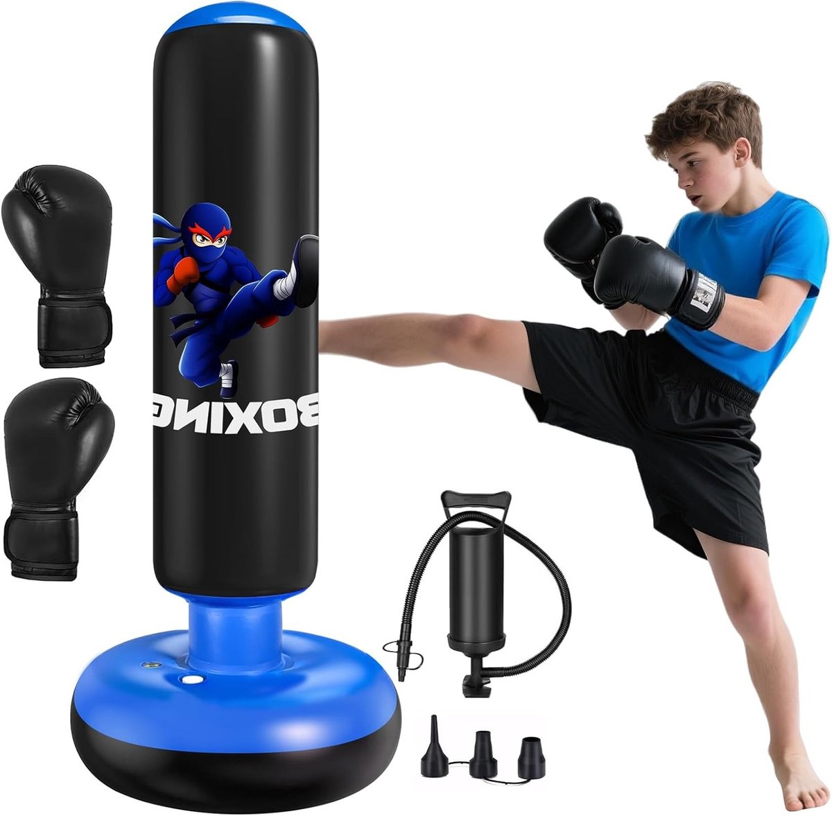 Vrijstaande Opblaasbare Bokszak voor Kinderen 160 cm met Handschoenen en Pomp - Perfecte Verjaardagscadeaus voor Jongens en Meisjes van 3-12 Jaar voor Bokstraining en Sportactiviteiten