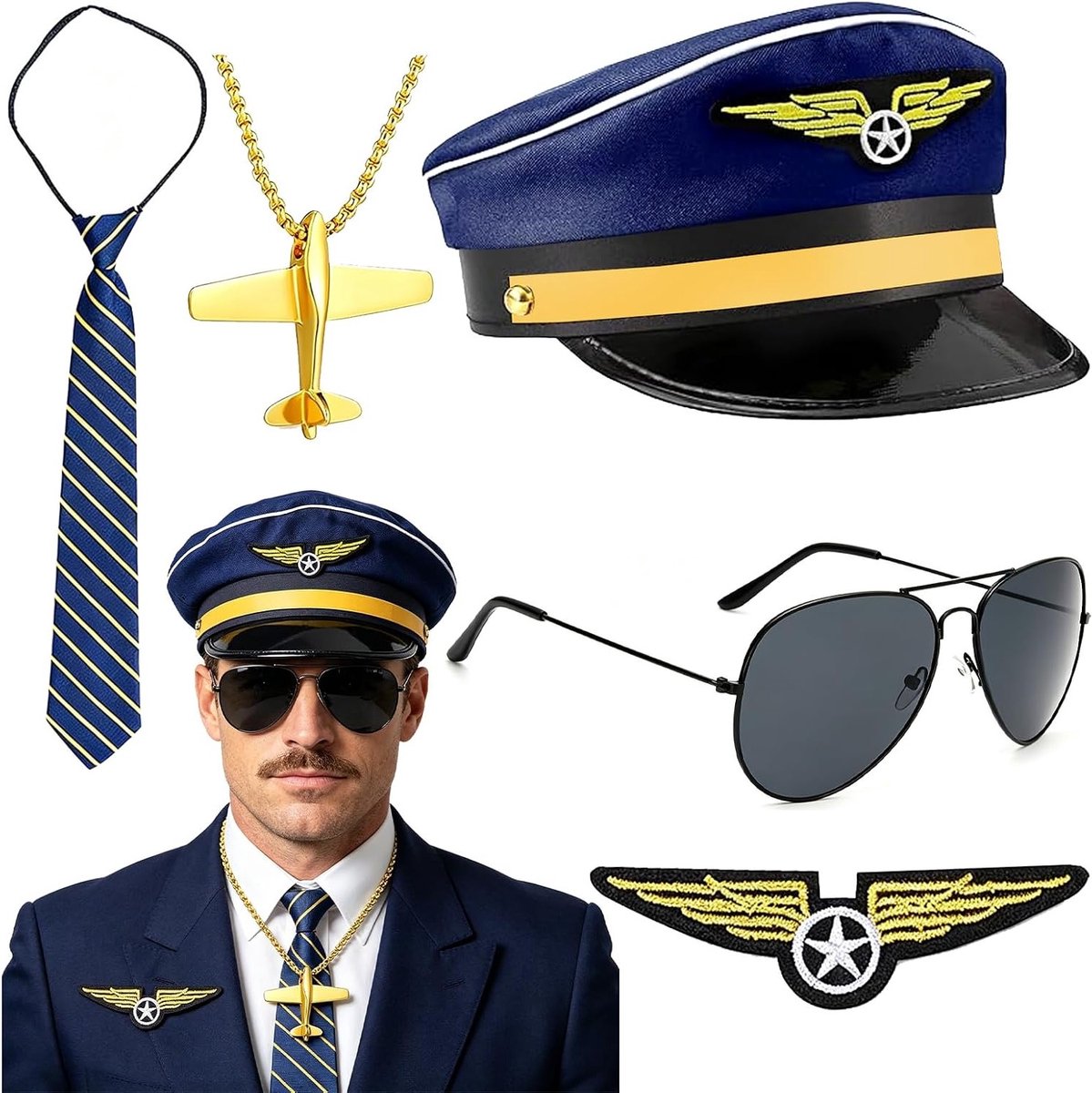 Pilot Kostuum Set voor Volwassenen, Avionica Outfit met Accessoires voor Feest en Verkleedpartijen