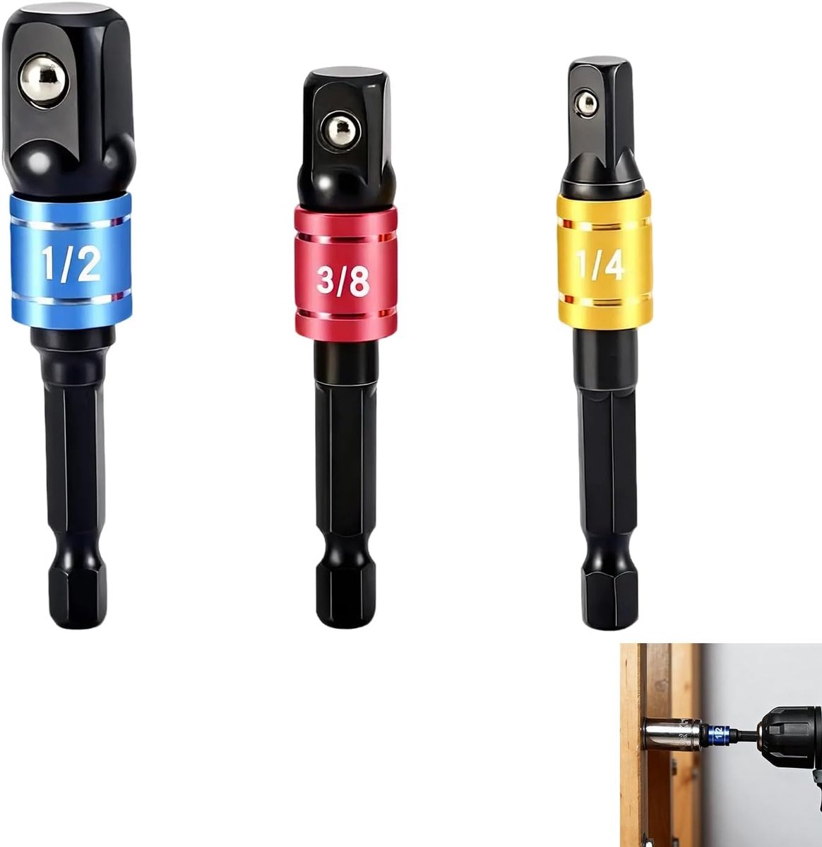 SnelShoppen - Set van 3 Socket Wrench Adaptor, Impact Wrench Adapter 1/4", 3/8" & 1/2" voor Schroefmachines en Draaiboren, Flexibele Hex Adapter voor