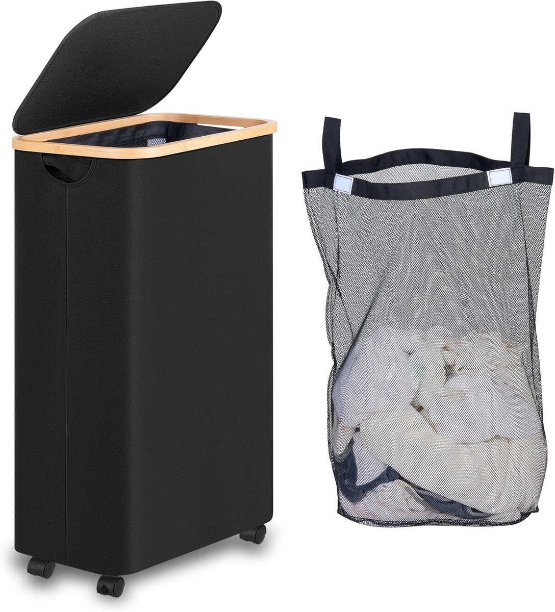 SnelShoppen - Vouwbare Wasmand met Deksel en Wielen, 75 Liter, Smal, Afneembare en Wasbare Binnenzak, Ideaal voor Badkamer, Slaapkamer, Kinderkamer (Z