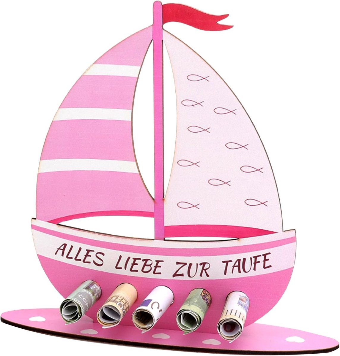 SnelShoppen - Geld Cadeau, Doop, Houten Boot, Schip, Creatief Doopcadeau voor Meisjes en Jongens, Doopgeschenken voor Meisjes met Sokkel, Doopcadeau v