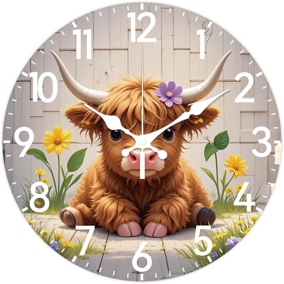 SnelShoppen - Highland Cattle Wandklok 30cm Daisies Klok Batterij Aangedreven Stil Niet Tikkend Rond Decoratief voor Thuis en Kantoor Decoratie
