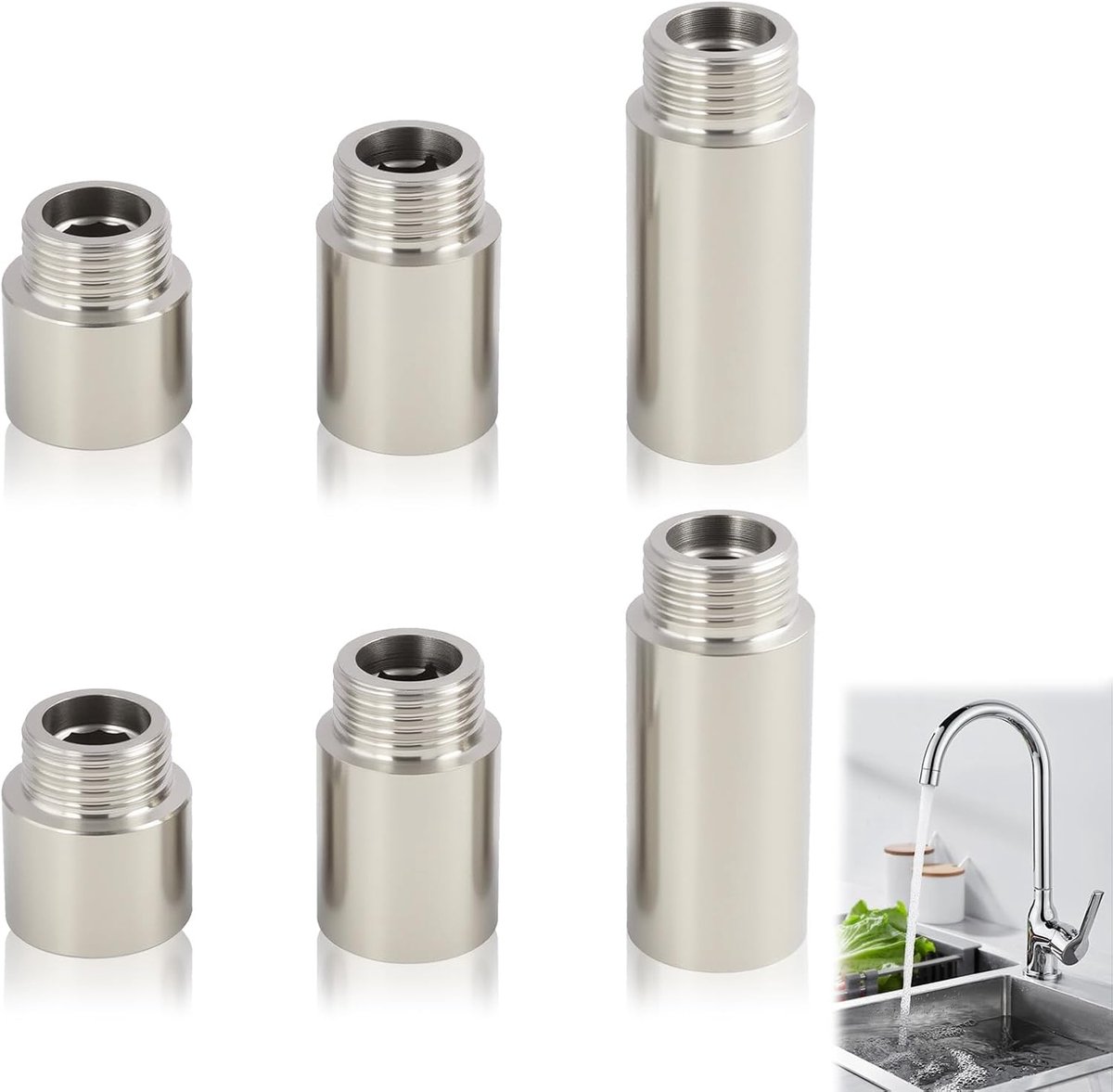 SnelShoppen - Pack van 6 RVS Kraan Extensions 1/2 Inch - Tuin en Keuken Tap Verlengstukken - G1/2 Draad Aansluiting - 3 Lengtes (1cm, 2cm, 4cm) voor F
