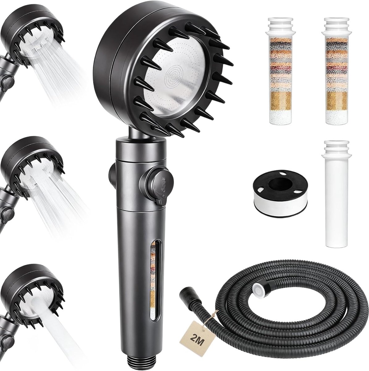 SnelShoppen - Handdouche met Filter, 2 m Slang, 3 Stralingen, Waterbesparende Douchekop met Stopfunctie, Hard Water Douchekop, 2 Filters, Grijs