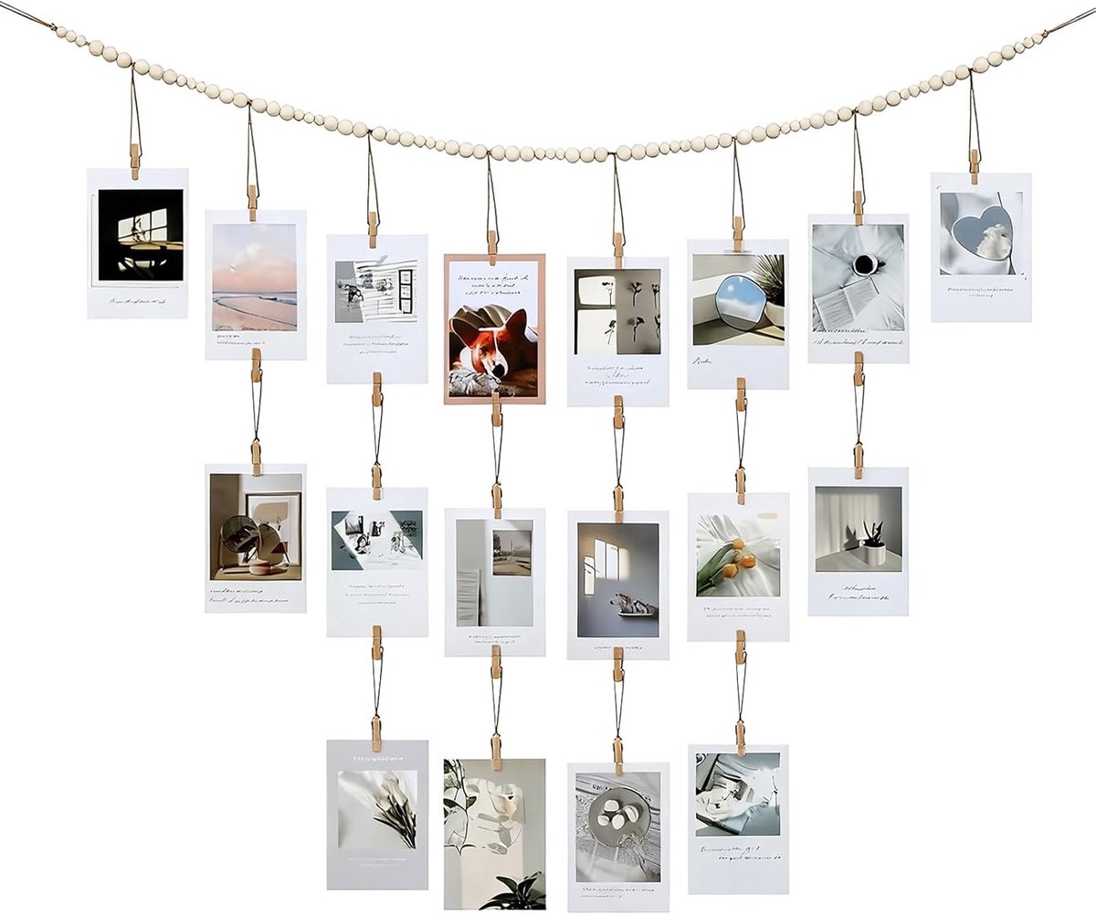 SnelShoppen - Photo Wall met 28 Clips, Boho Decoratie met Houten Kralen, Foto Girlande voor Kamer, Studentenhuis, Kerst Cadeau, Foto Curtain