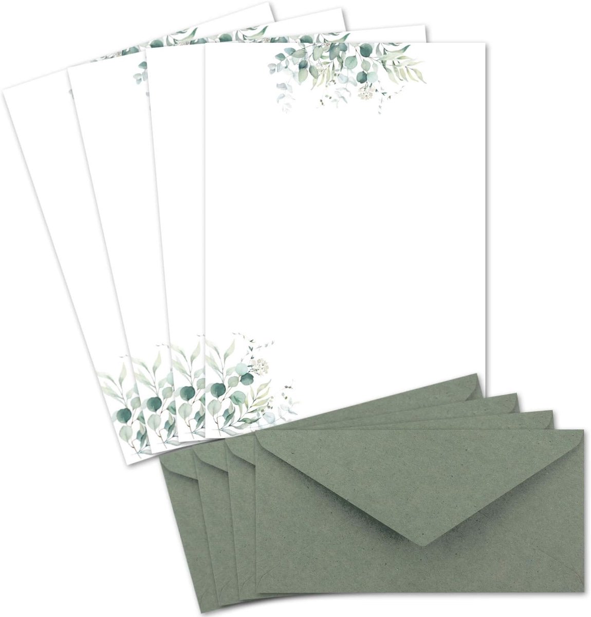 SnelShoppen - 25 sets schrijfpapier DIN A4 crème met eucalyptus takken en bijpassende enveloppen DIN long in eucalyptusgroen - Perfect voor trouwuitno