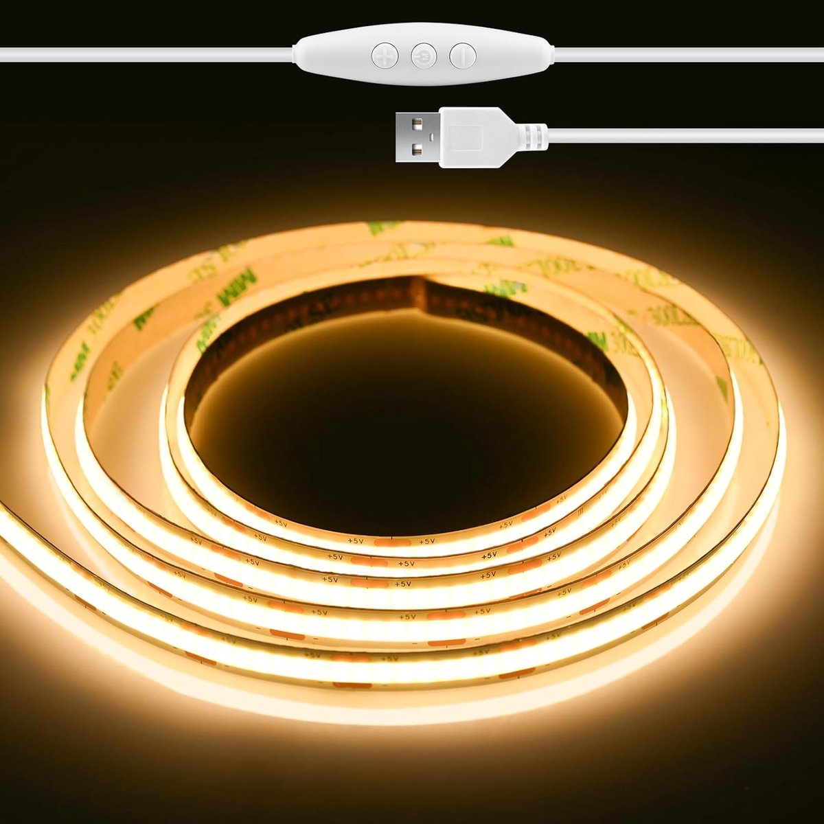 SnelShoppen - Dimbare 2 Meter Warm Witte COB LED Strip 3000K met 640 LEDs voor TV, Slaapkamer, Thuis DIY Verlichting, USB Aansluiting, Hoge Dichtheid
