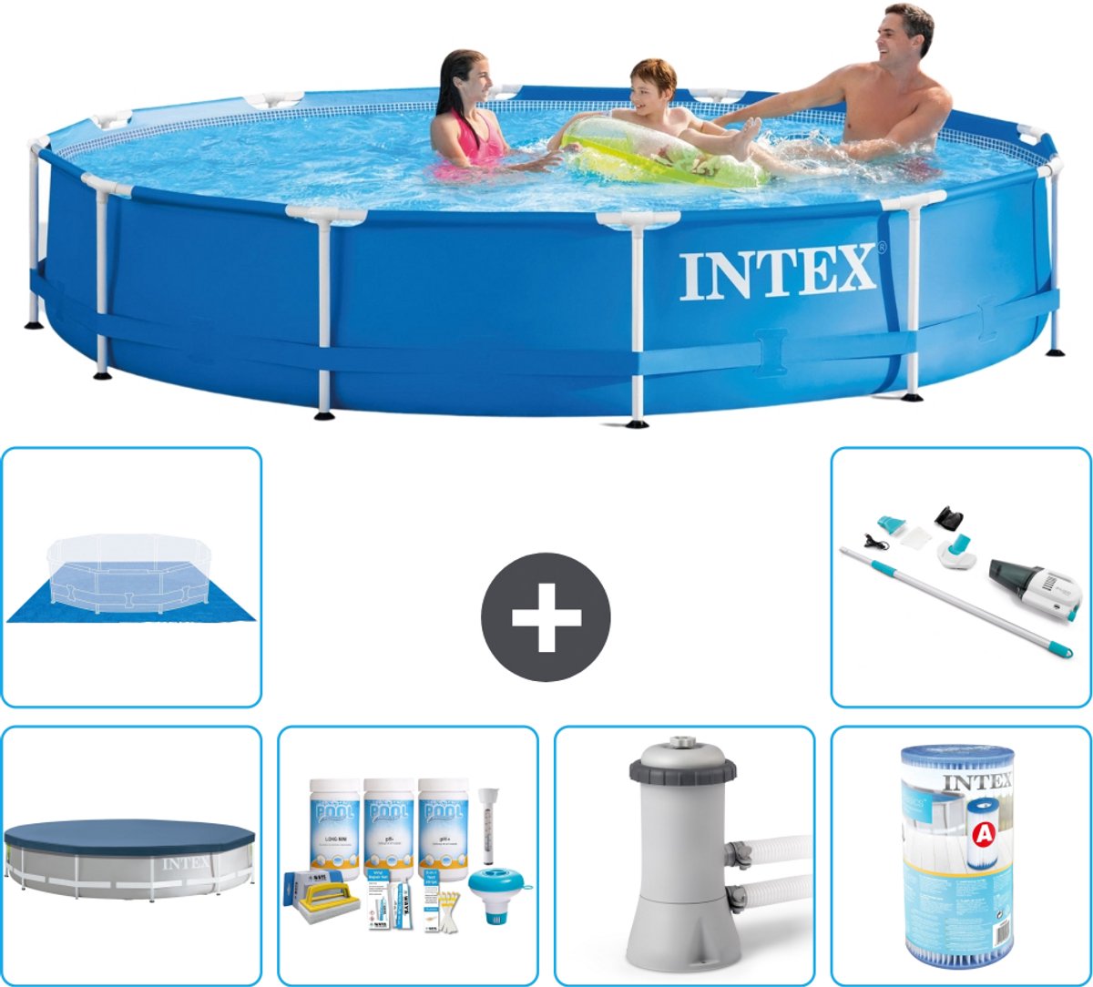 Intex Rond Frame Zwembad - 366 x 76 cm - Blauw - Inclusief Afdekzeil - Onderhoudspakket - Zwembadfilterpomp - Filter - Grondzeil - Stofzuiger - 7-delig