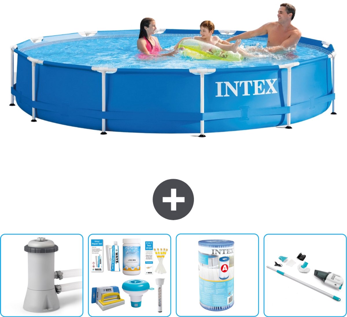 Intex Rond Frame Zwembad - 366 x 76 cm - Blauw - Inclusief Pomp - Onderhoudspakket - Filter - Stofzuiger - 5-delig