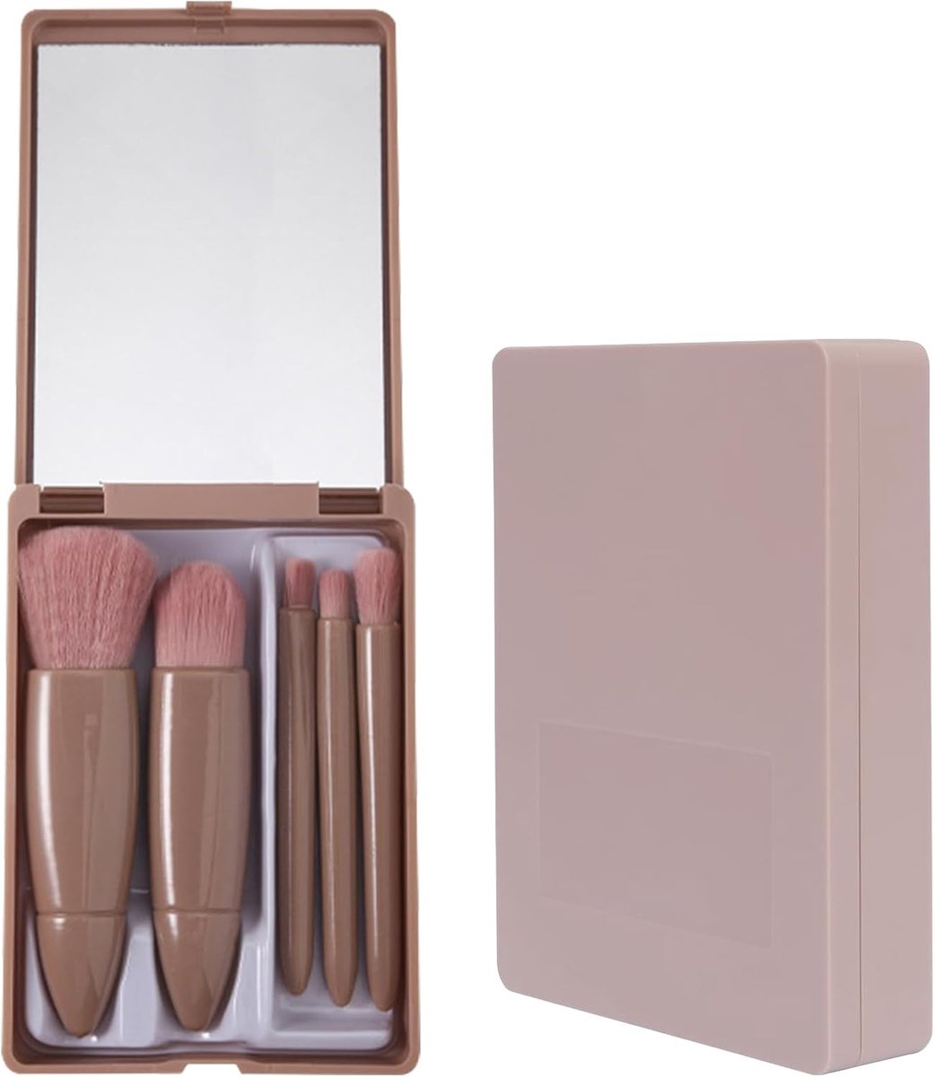 Thijox - Make-upkwastenset voor op reis, 5-delig, mini-make-upkwasten met spiegeldoos, lippenkwasten, foundation, blending, poeder, cosmetica, ideaal