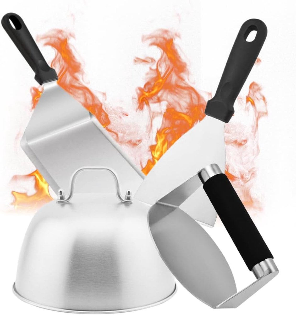 SnelShoppen - Burger Smasher Set - RVS Hamburger Drukset - Professioneel voor BBQ, Teppanyaki, Keuken - 4 Stuks - Ergonomisch, Antislip, Duurzaam