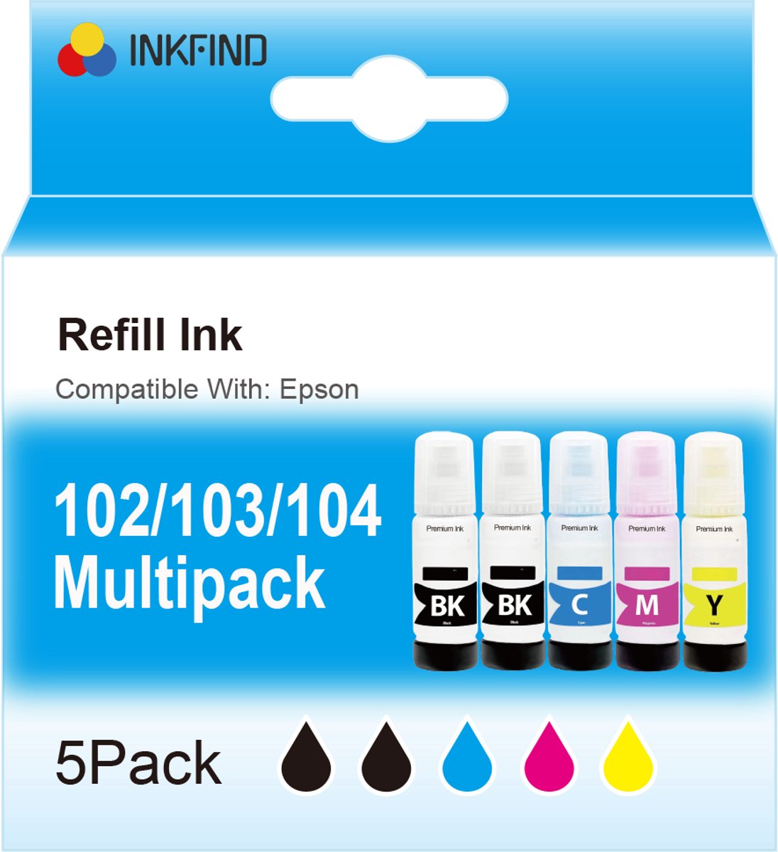 INKFIND 102 103 104 inkt geschikt voor Epson102 Epson104 Epson 104 inktfles 5 stuks (2 x Zwart, 1 x C, 1 x M, 1 x G) voor Epson EcoTank ET-2710/2711/2720/2726/4700/4800 Epson Ecotank ET-2950/ET-3950/ET-4950 Epson EcoTank ET-2700/2750/3700/3750/4750