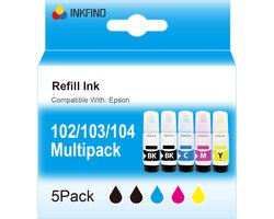 INKFIND 102 103 104 inkt geschikt voor Epson102 Epson104 Epson 104 inktfles 5 stuks (2 x Zwart, 1 x C, 1 x M, 1 x G) voor Epson EcoTank…